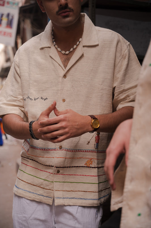 Boat and Fisherman Embroidered Shirt