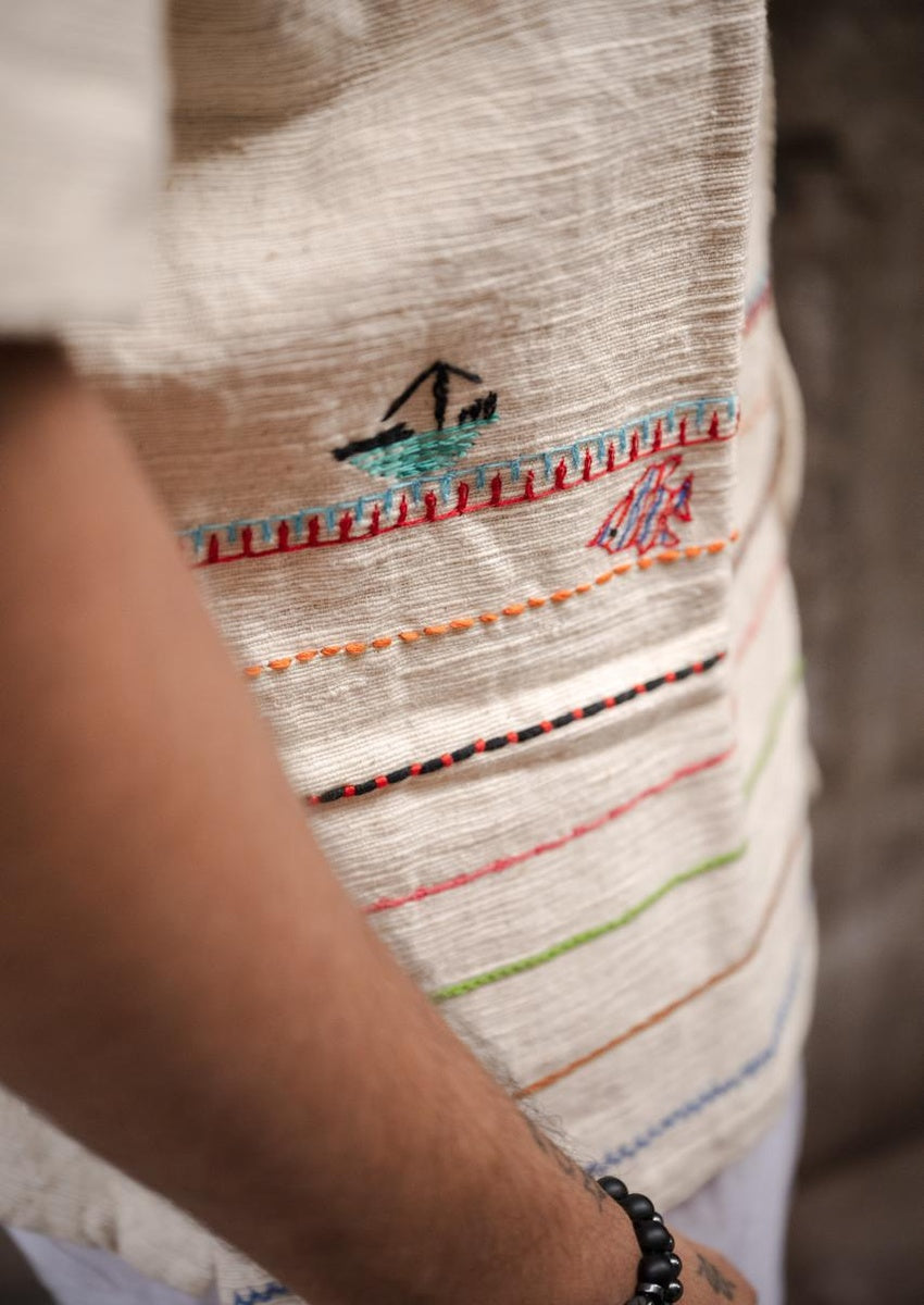 Boat and Fisherman Embroidered Shirt